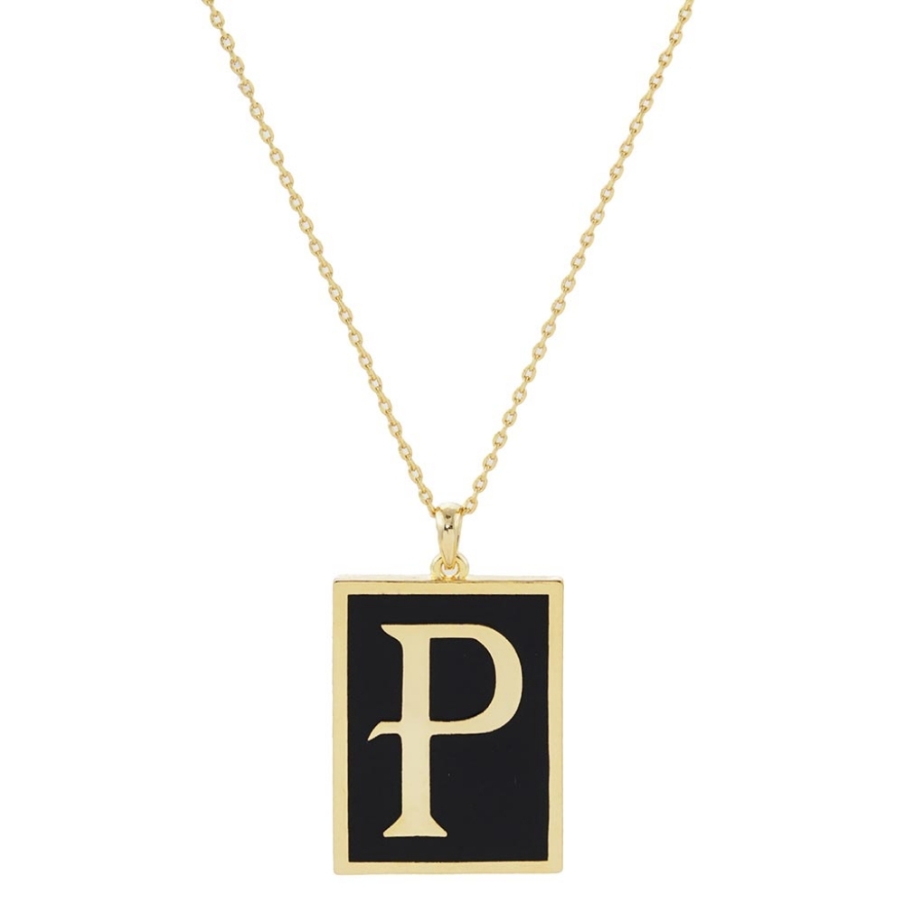 Black and Gold P Monogram Pendant Rectangle Frame Chain Necklace Initial Jewelry